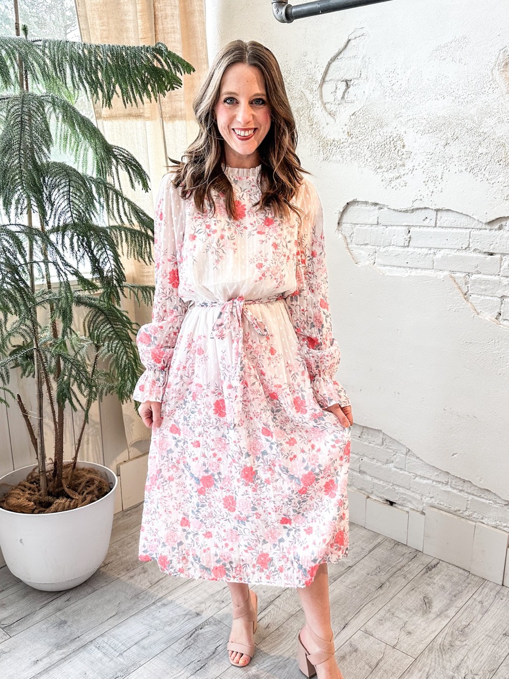 Pink Floral Midi Dress with Tie Waist